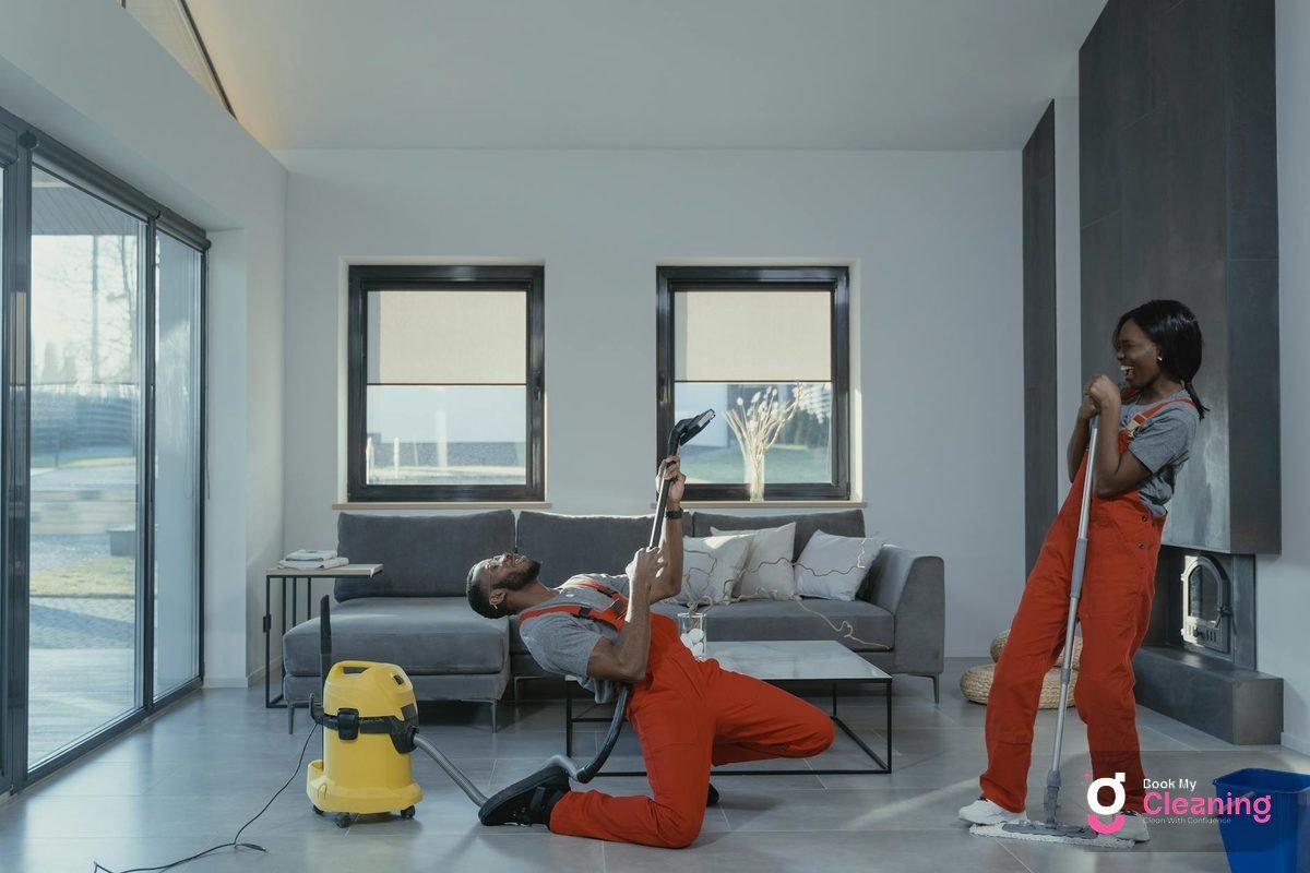 A professional cleaner working through an end of tenancy clean in an empty flat